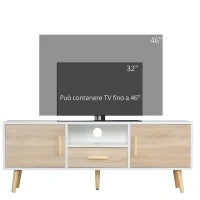 Mobile TV Basso per TV max 46" con Ripiano Aperto, Cassetto e 2 Armadietti, in Truciolato e Pino, 140x40x55.3 cm