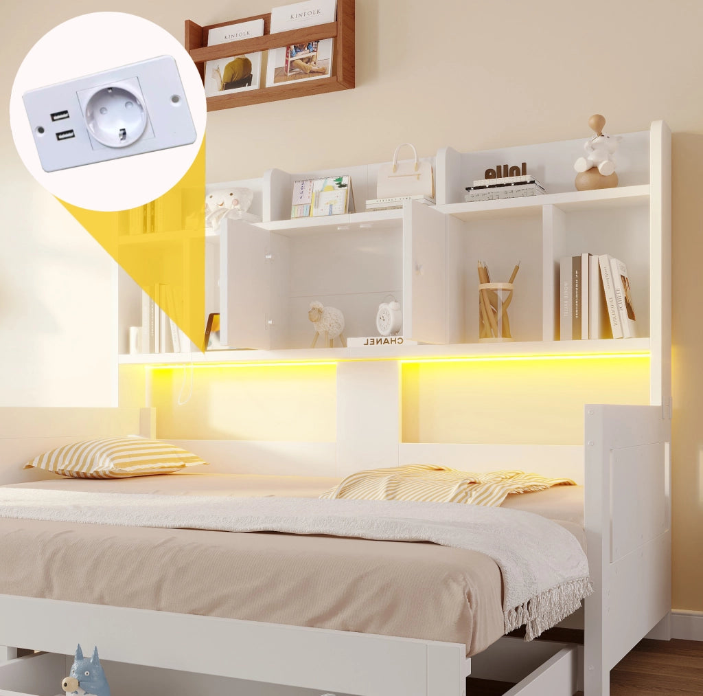 Divano letto estraibile 90x190 cm bianco in compensato e MDF con vani e LED