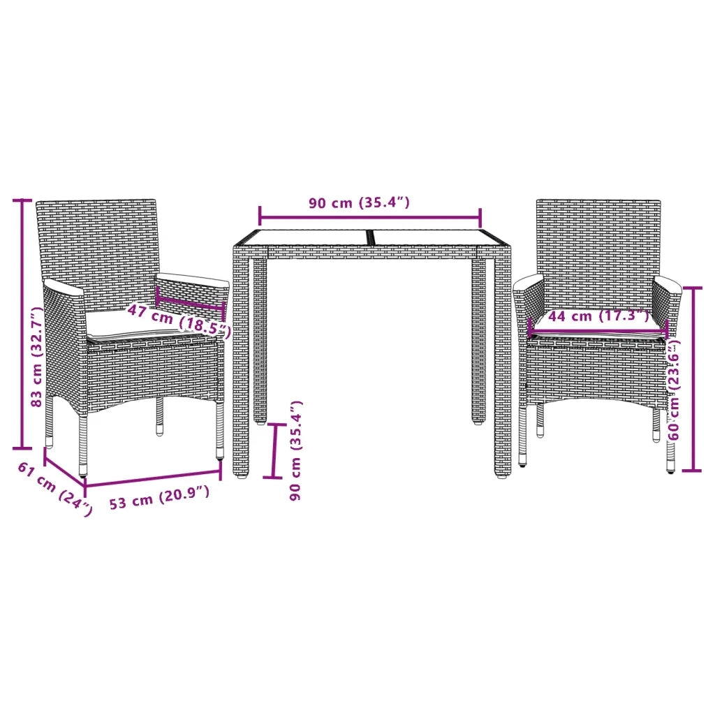 Set Pranzo da Giardino 3pz con Cuscini Polyrattan Acacia Grigio 3278633