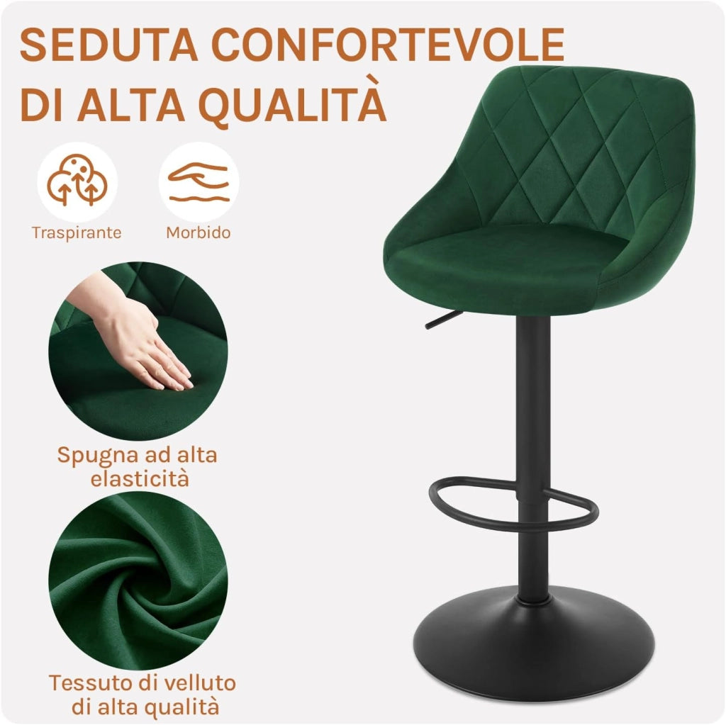 4x Sgabelli da Bar Moderni Girevoli Sedia Cucina Alta con Schienale Quadrato Senza Braccioli Altezza Regolabile in Velluto Verde Scuro BH219dgn-4