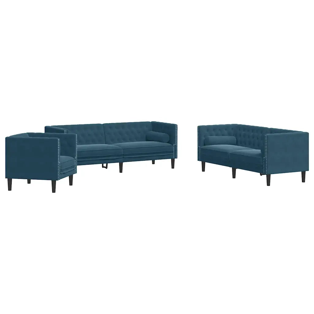 vidaXL Set Divani Chesterfield 3pz con Cuscini Blu Velluto