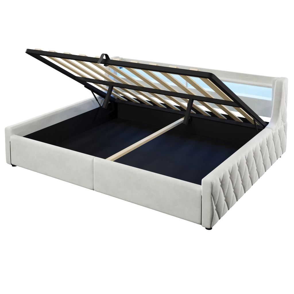 Letto imbottito 140x200 beige con contenitore idraulico e testiera LED