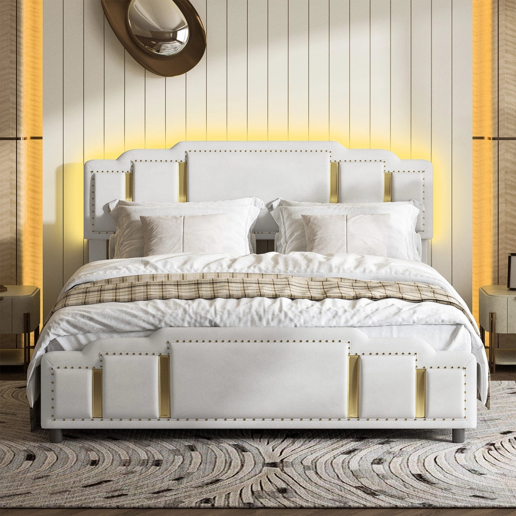 DESMIU Letto con cassetti 140 × 200 cm 2 posti con cassetti, LED e contenitore, senza materasso, in velluto beige