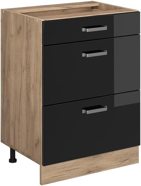Mobiletto base per cucina R-Line, Nero lucido, 60 cm con cassetti, senza piano di lavoro, per la libera combinazione all'interno di sistemi cucina modulari