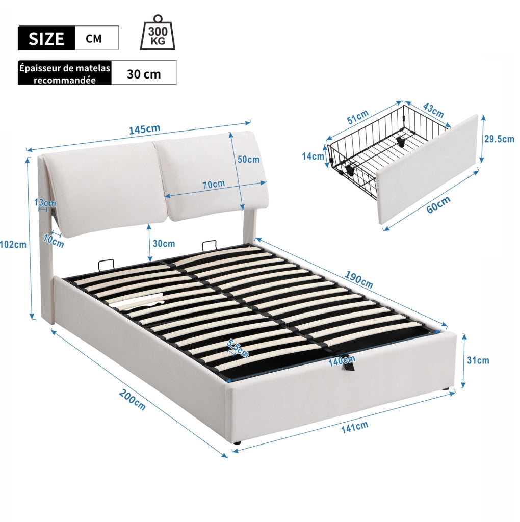 Letto imbottito 140x190 cm in velluto beige con contenitore; 3 cassetti e testiera regolabile