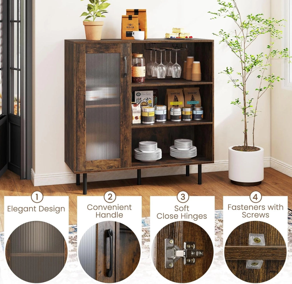 Armadio per Vini, Mobile di Stoccaggio con 3 Scomparti Aperti, Porta Bicchieri da Vino, Ripiano Regolabile, Porta Singola, Gambe in Metallo, Credenza per Cucina, Sala da Pranzo