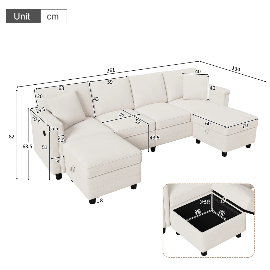 Divano modulare beige 261x134x82 cm con pouf contenitore; USB e Type-C