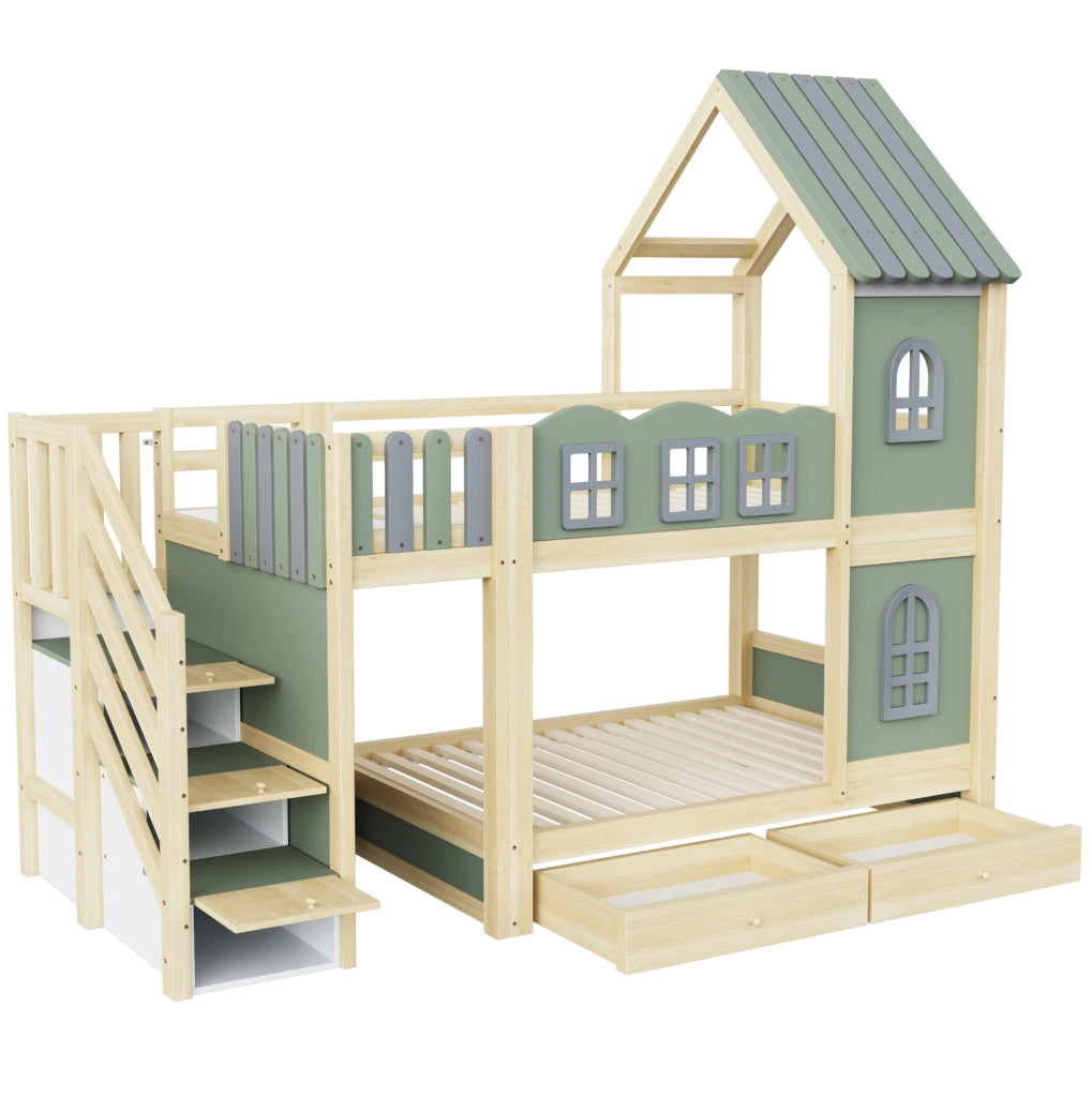 Letto a castello per bambini 90x200 cm in legno; verde/grigio/naturale; con scale contenitore e cassetti
