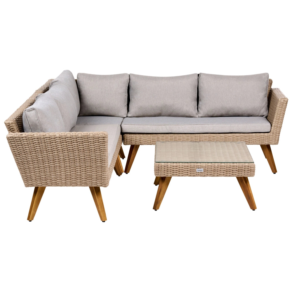 Set da giardino in rattan PE chiaro, divano angolare a 6 posti con cuscini grigi e tavolino da caffè, stile country per esterni