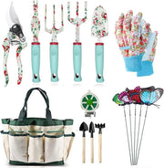 Kit di attrezzi per giardinaggio per fiori e piante, set di 16 attrezzi manuali con tasca di stoccaggio