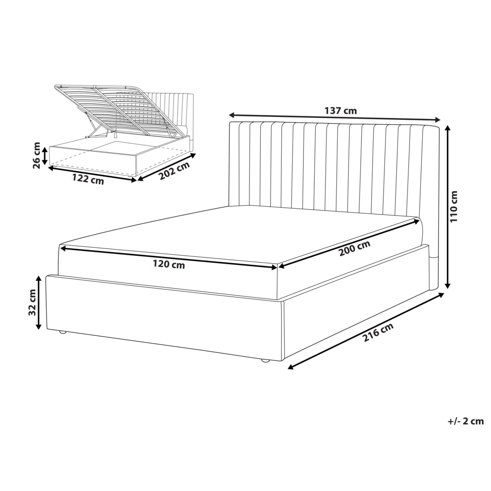 Letto matrimoniale con contenitore velluto grigio 120 x 200 cm Testata imbottita