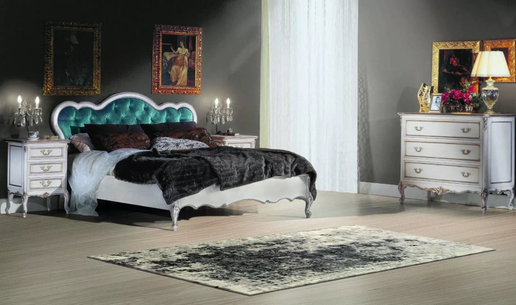 Comodino 3 cassetti classico legno shabby bianco argento 56x43x76 - Mobili 2G