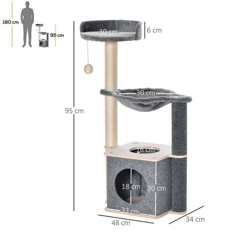ALBERO TIRAGRAFFI MULTILIVELLO PALESTRA PER GATTI CON CASETTA, AMACA, CUCCIA E CORDE IN SISAL, 48X34X95CM, GRIGIO