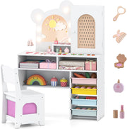 Toeletta per Bambine 3+ Anni, Set Tavolo e Sedia con Luci da Principessa con 5 Cassetti e 2 Scomparti, Armadietto con Porta e Scaffale Aperto, Ideale per Cameretta Bambina (Bianco)