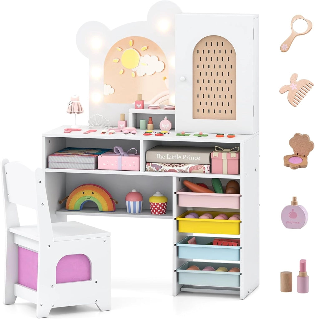 Toeletta per Bambine 3+ Anni, Set Tavolo e Sedia con Luci da Principessa con 5 Cassetti e 2 Scomparti, Armadietto con Porta e Scaffale Aperto, Ideale per Cameretta Bambina (Bianco)