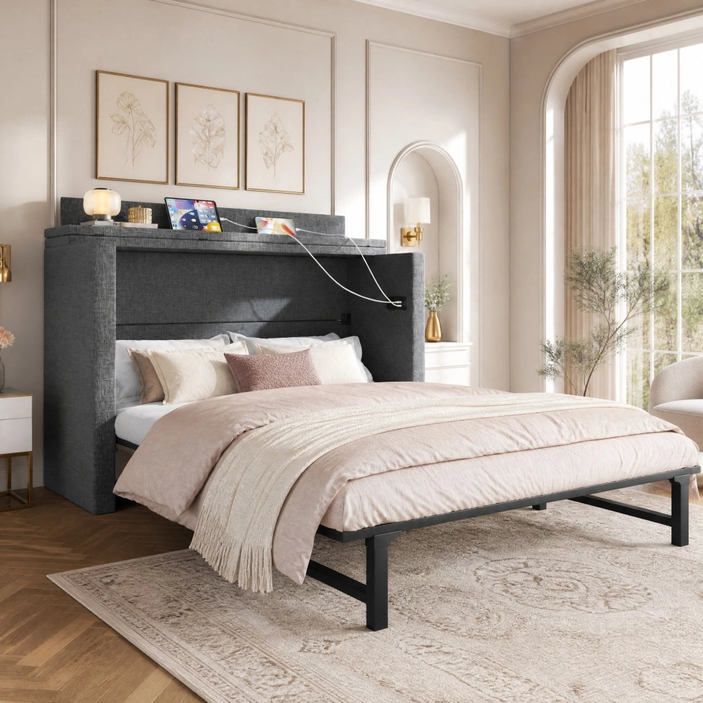 Letto a scomparsa 140x200 cm grigio in lino con cassetto USB-C