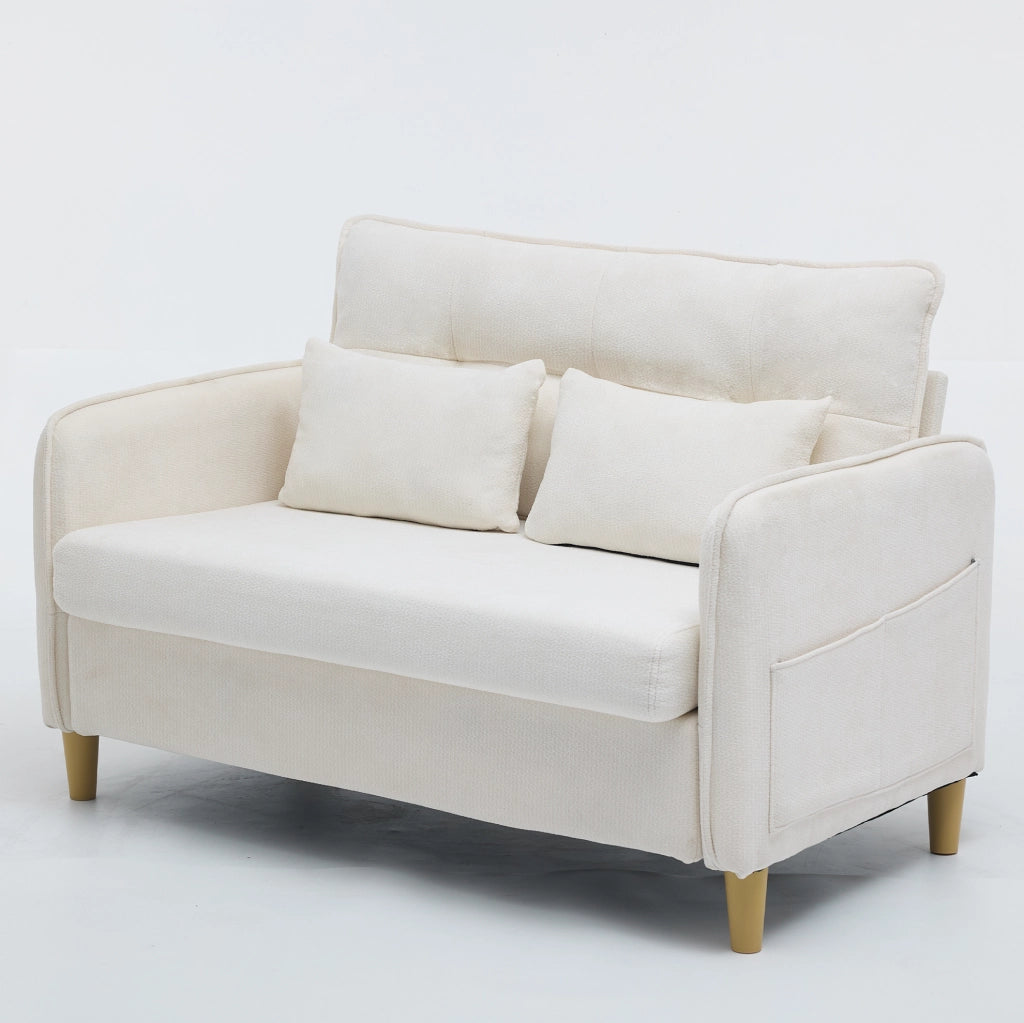 Divano a 2 posti in tessuto chenille Beige, 127 cm, con braccioli e tasche laterali