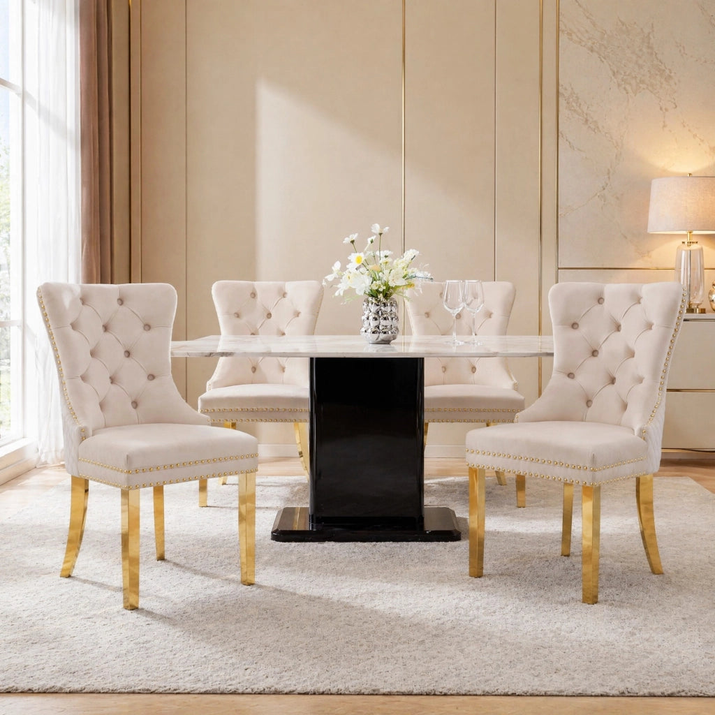 SEDIA DA PRANZO IMBOTTITA 50,5x45x95 cm Velluto Beige/Oro Set da 4 pezzi