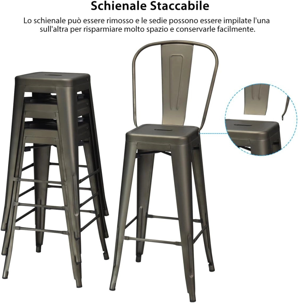Sedie in Metallo da 76 cm, Set di 4 Sedie da Bar, Sedie in Metallo con Schienale Rimovibile, Sedie da Bar Laterali, per Interni ed Esterni