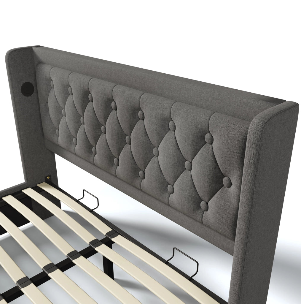 Letto contenitore imbottito 140x200 cm grigio in cotone con testiera USB Type-C e LED