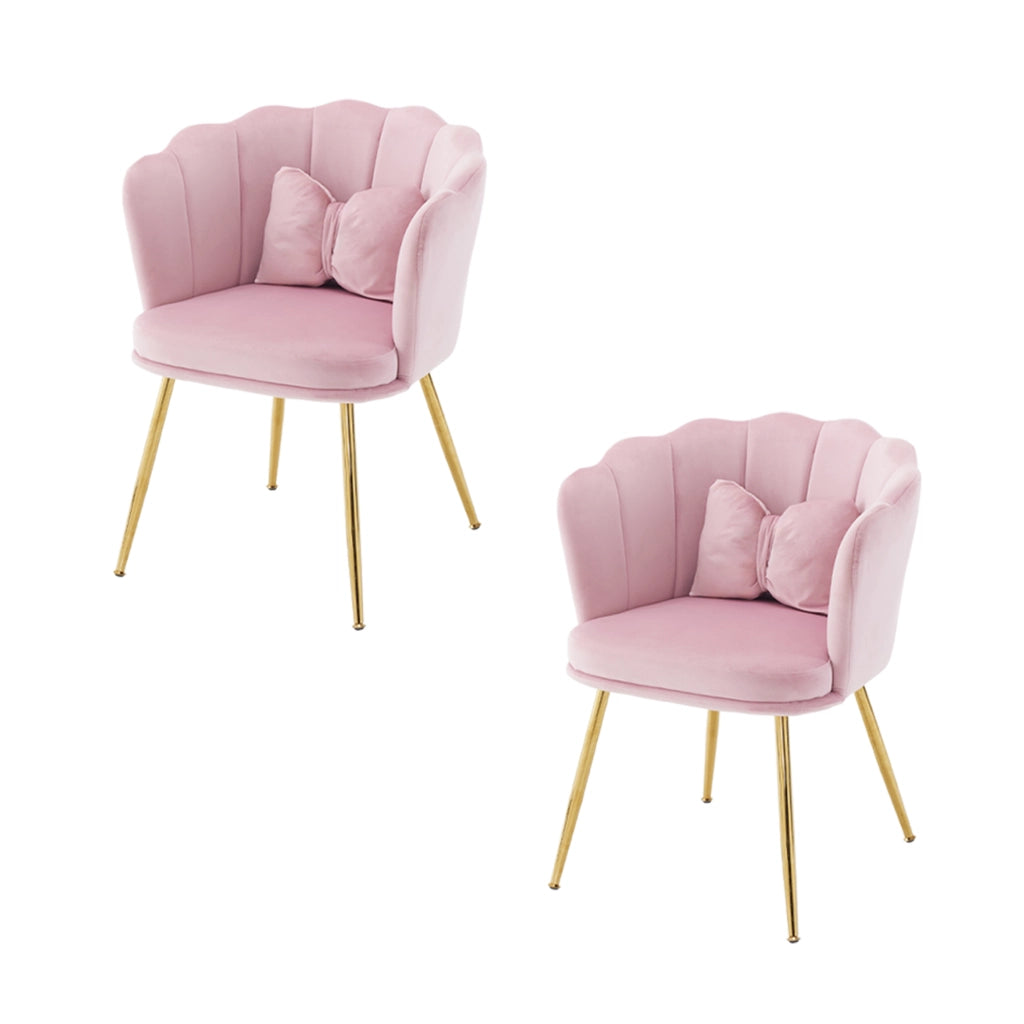 Sedie da pranzo, 2 pezzi in velluto rosa con schienale a petalo e gambe in metallo dorato, per soggiorno e sala da pranzo