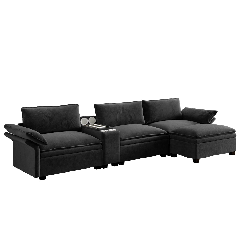 Divano Angolare Modulare 315 cm ¨C MINIMAL ¨C Chenille Nero con Contenitore, Poggiapiedi e Luce