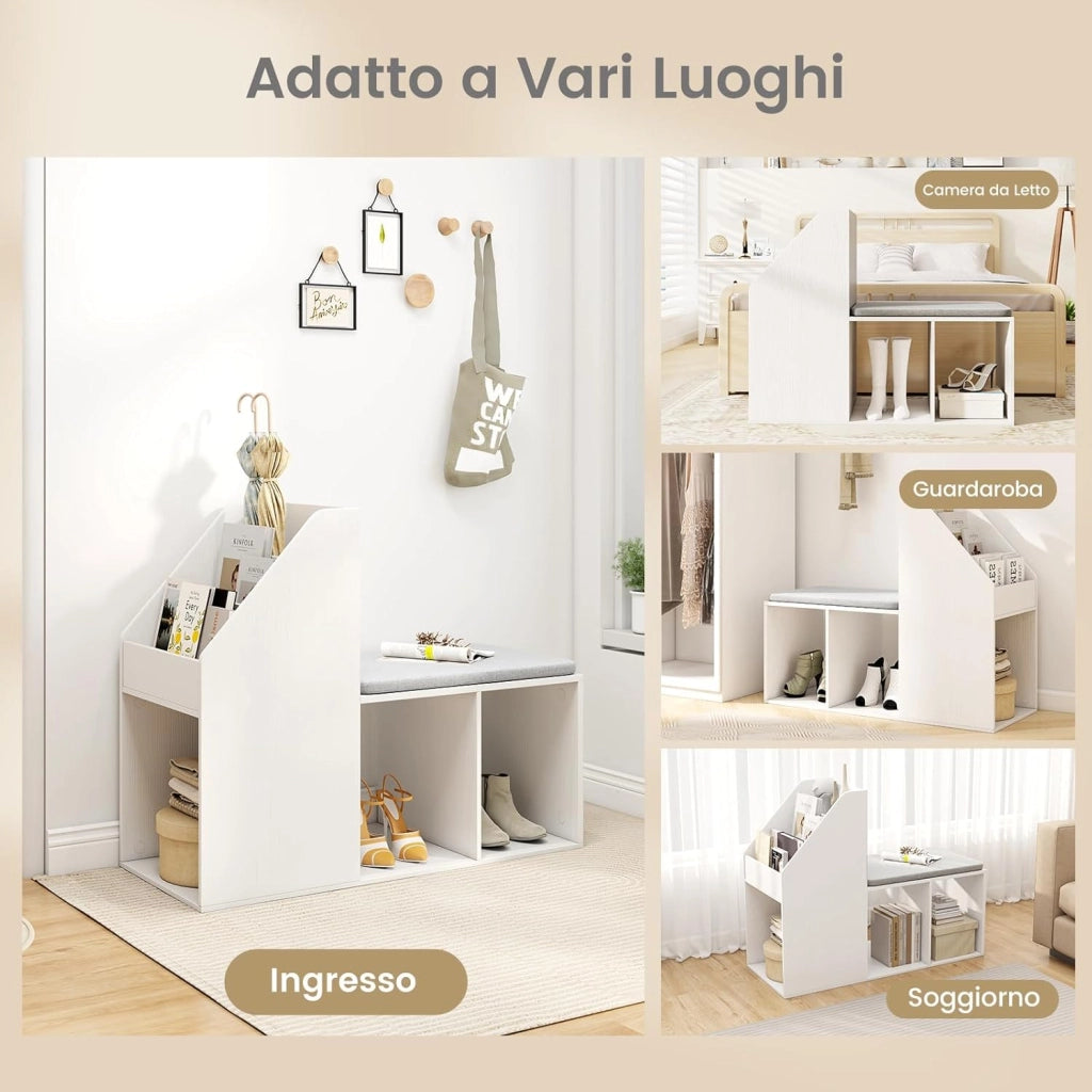 Panca Scarpiera con Cuscino Rimovibile e Scaffale 2 in 1, Scaffale Portaoggetti a 3 Cubi e 3 Ripiani per Libri, Panca per Scarpe da Ingresso e Soggiorno, 97 x 40 x 79 cm, Bianco