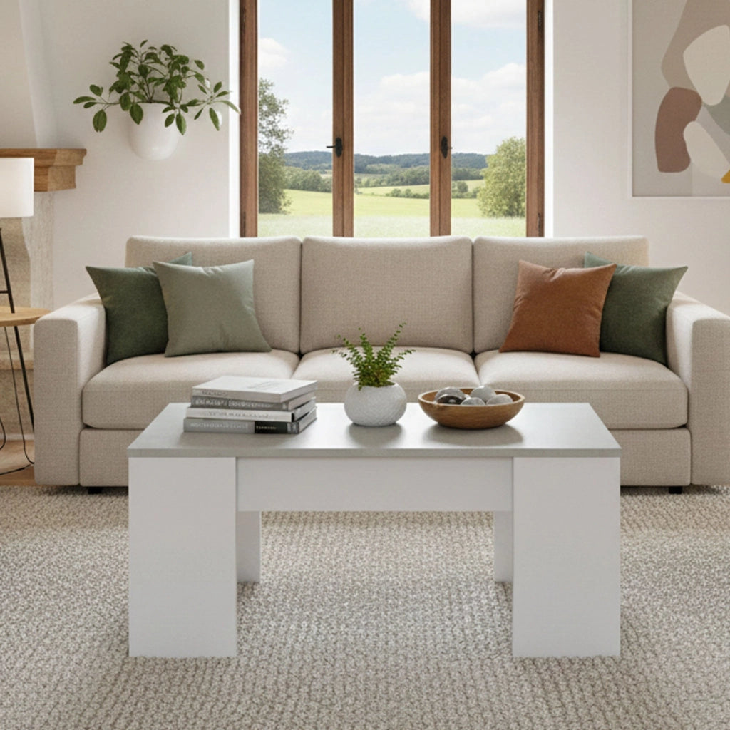 Tavolino da salotto Almas, Tavolino da caffè con piano elevabile, Tavolo basso da soggiorno, cm 100x50h45/56, Bianco e cemento