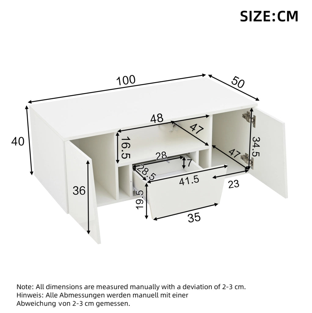 Tavolino da caffè 100x50x40 cm con luci LED; 2 armadietti e 1 cassetto in truciolare bianco