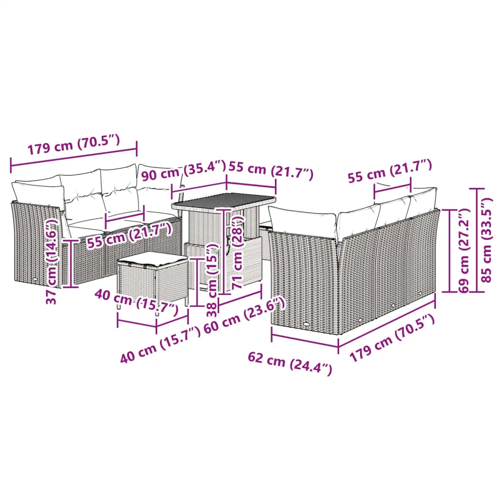 Set Divano da Giardino con cuscino 9 pcs Nero polyrattan 3361439