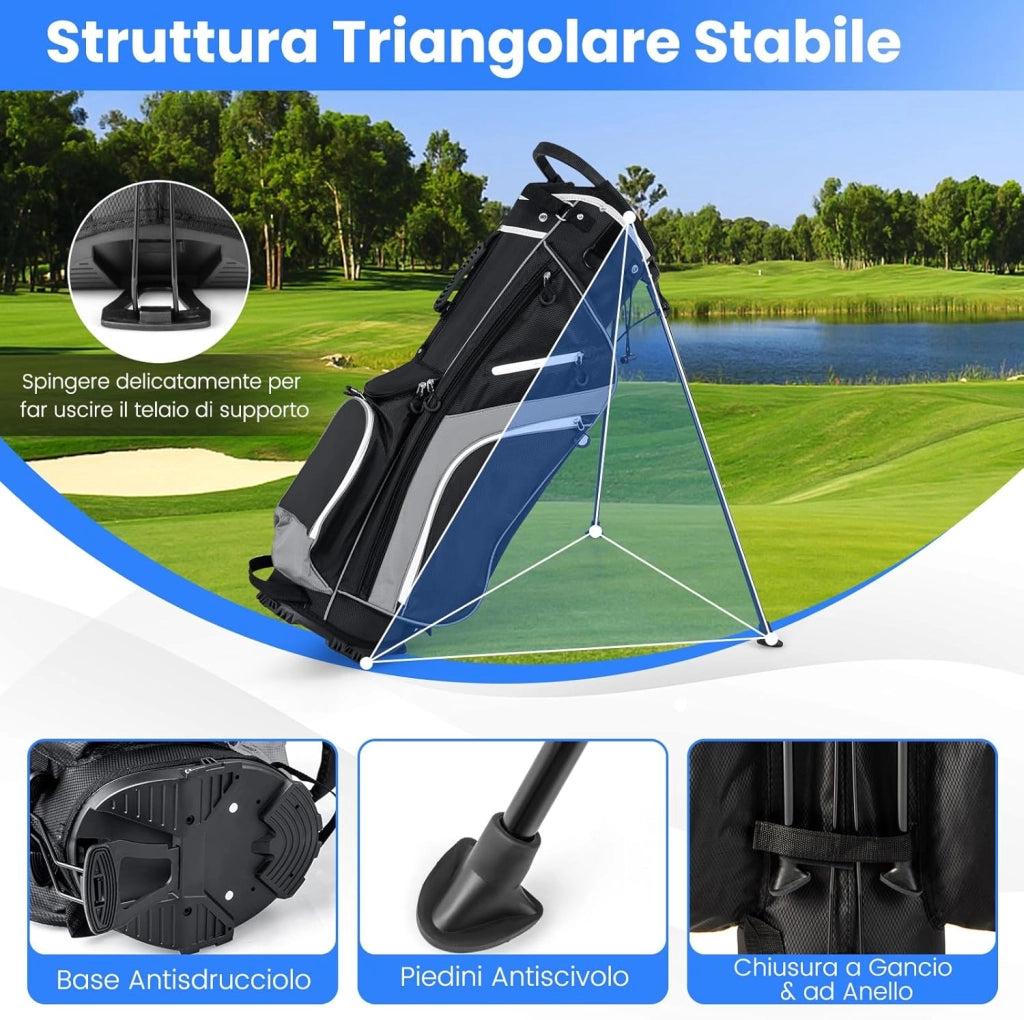 Sacca per Mazze da Golf, Borsa da Golf con Supporto, Divisori a 14 Vie, 6 Tasche, Borsa Frigo, Doppia Tracolla e Cappuccio Antipioggia, Ideale per Uomini e Donne