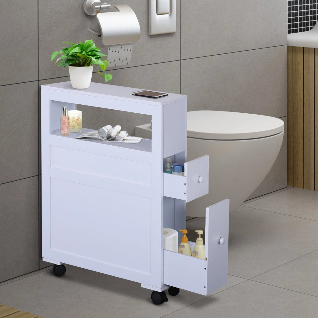 EasyComfort Mobiletto da Bagno 2 Cassetti Salvaspazio con 4 Ruote Legno 16x52x71.5cm Bianco