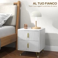 Comodino con 2 Cassetti in Legno con Maniglie e Gambe in Metallo, 40x40x47 cm, Bianco e Oro