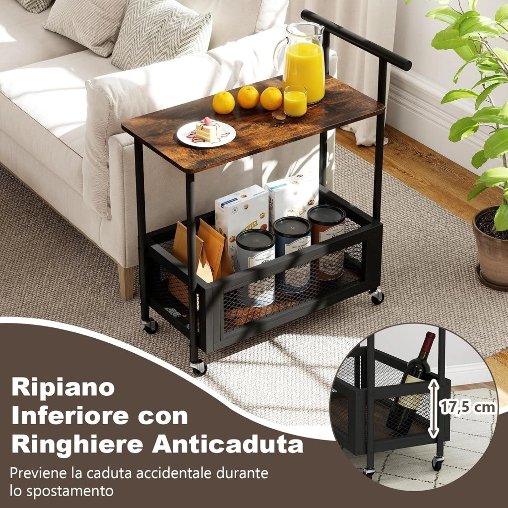 Tavolino da Divano e Letto con Ruote Bloccabili e Maniglia, Tavolino Laterale a 2 Ripiani con Mensola Aperta e Cestello in Rete, Carrello Porta Snack per Salotto e Camera da Letto