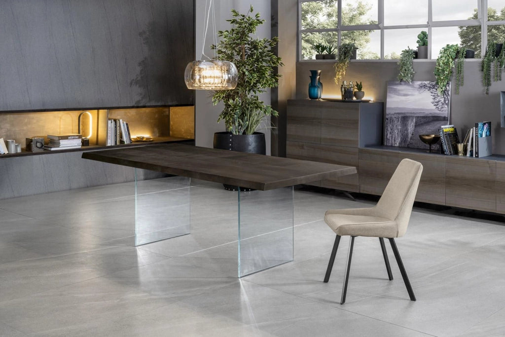 Tavolo Fisso 160x90x76 cm Gambe in Vetro con Top in Rovere Termocotto