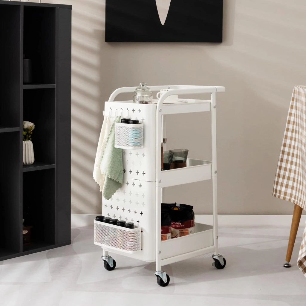 Carrello Mobile in Metallo a 3 Livelli, Carrello con Bordo di Pin, Cestini di Stoccaggio, Ganci, Carrello di Servizio con 4 Ruote, per Cucina, Bagno, Ufficio, 52x33x75cm