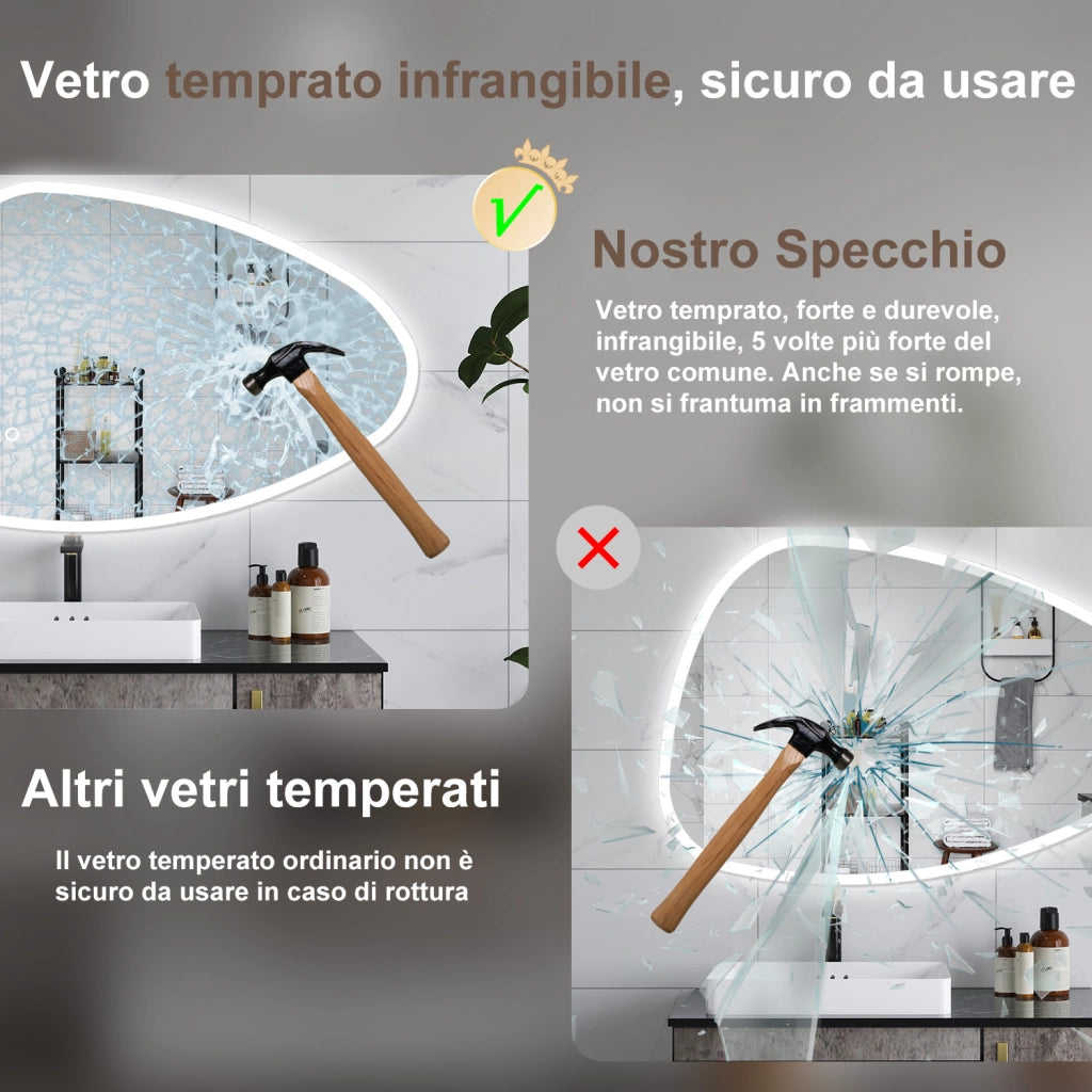 AICA Specchio da bagno 120 x 80 cm, dimmerabile, Funzione Memoria, antiappannamento, 3 colori