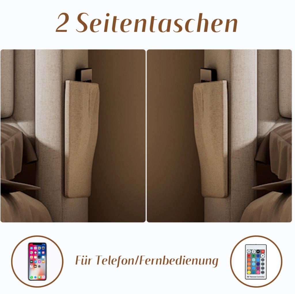 Letto singolo 90x200 cm imbottito in tessuto cotone e lino; con LED; USB e contenitore; beige
