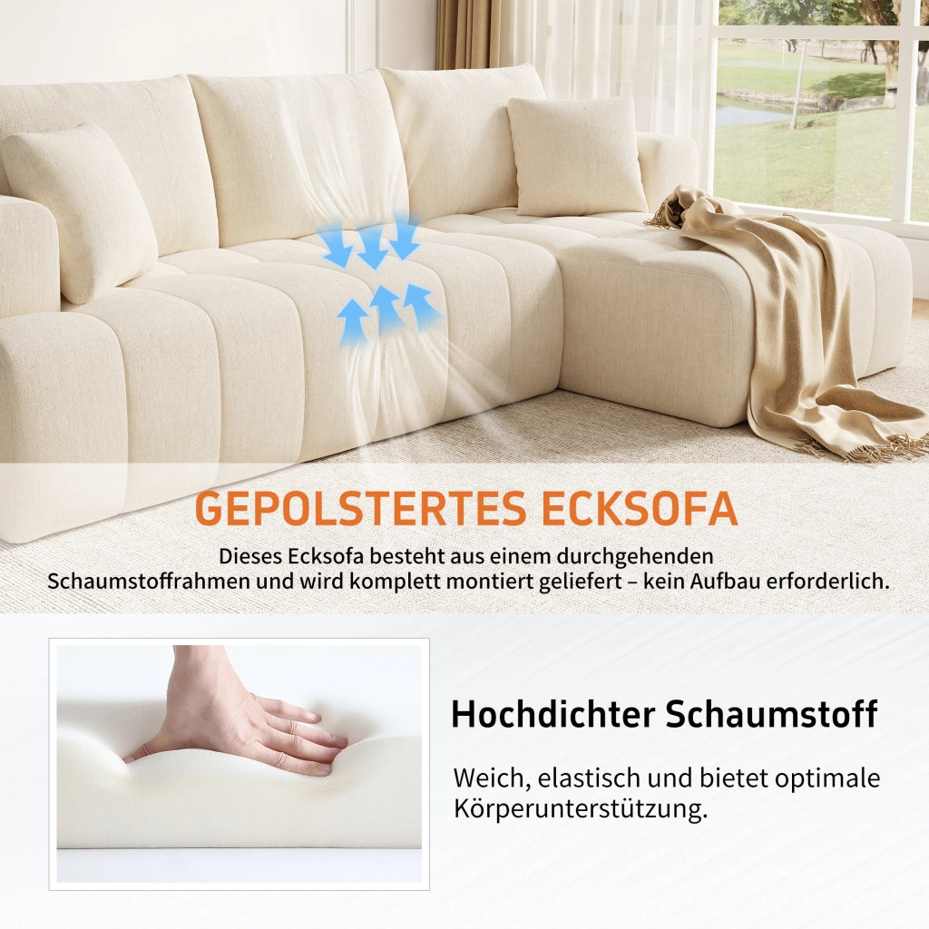 Divano angolare modulare 3-4 posti con chaise longue e 2 cuscini, design basso per soggiorno in chenille beige
