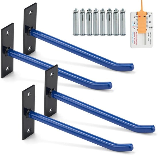 Muurbevestiging con 4 Bandenhouders per Wandmontage, Fatto di Alto Qualità Acciaio, 25cm Hanno un Extra Lungo Rubberen Gancio con 8 Viti e Pennelli – Blu