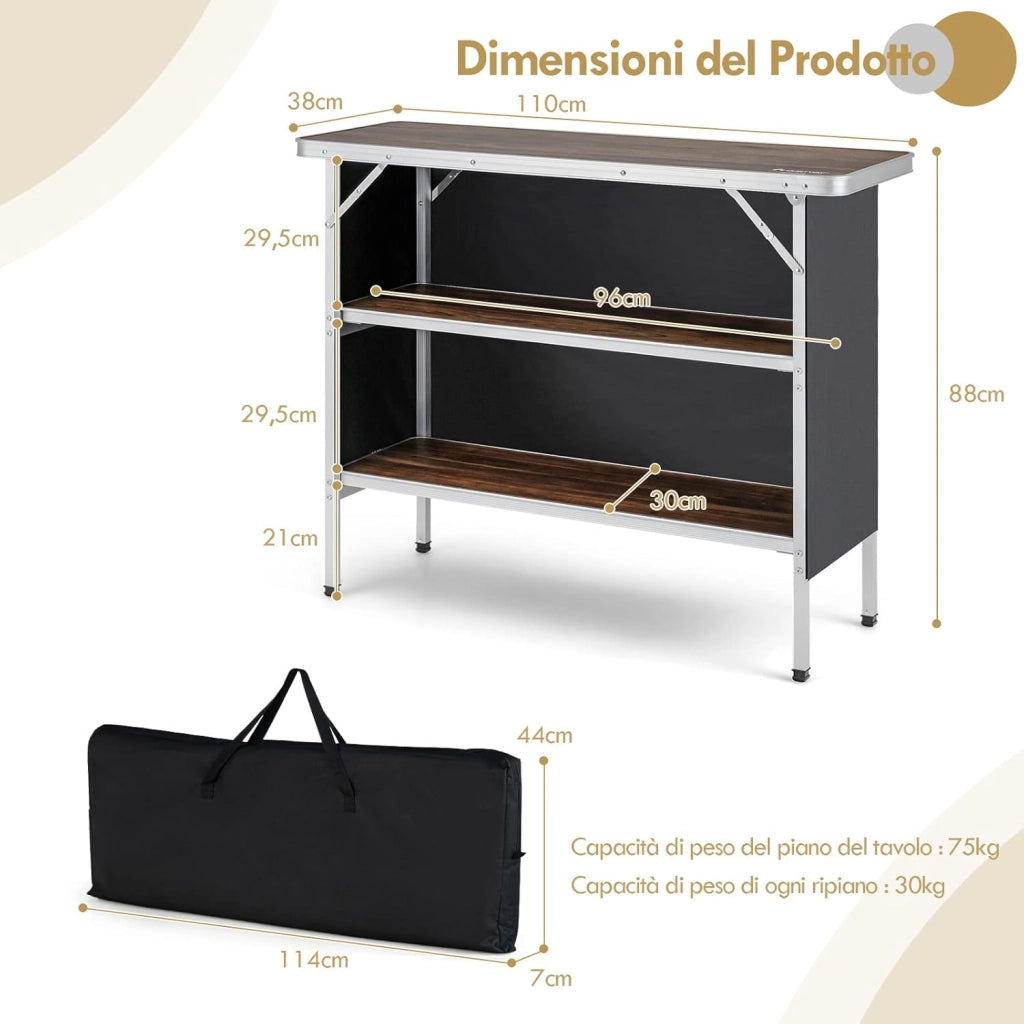 Cucina da Campeggio Pieghevole con Telaio in Alluminio, Mobile da Campeggio con 3 Ripiani e Borsa per Trasporto, Cucina da Esterno per Attività all'Aperto, Picnic e Barbecue (Nero)