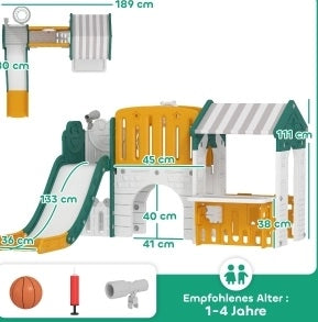 Parco giochi 7 in 1 per bambini con scivolo, casetta e canestro, giallo