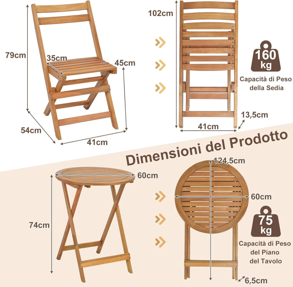 Set Tavolino e Sedie da Giardino in Legno di Acacia, Set Mobili di 3 Pezzi da Giardino Pieghevole, Set di Bistrò per Giardino Patio Coltile, Tavolino Porta 75 kg, Sedia Portata 160 kg