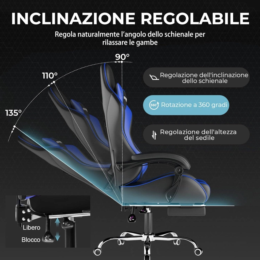 Sedia da Gaming Massaggiante ed Ergonomica con Schienale Regolabile, Poggiapiedi e Supporto Lombare - Reclinabile, Blu
