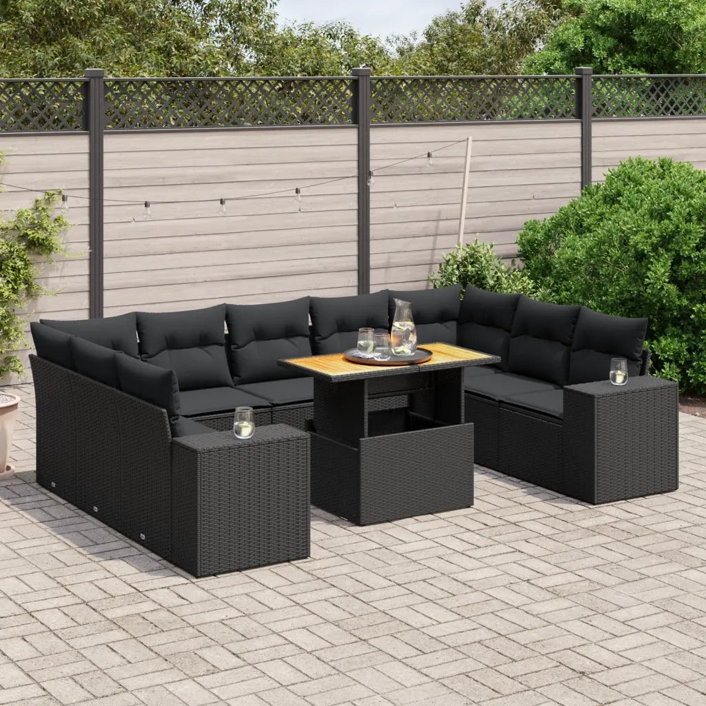 Set Divani da Giardino 10pz con Cuscini in Polyrattan Nero
