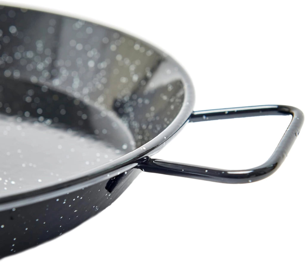 Padella per Spaghetti all'Assassina in Ferro Smaltato, Tegame Tradizionale Stile Paella, Nero con Puntini Bianchi, con Manici 26 cm