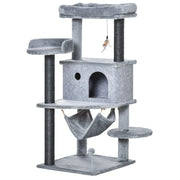 Albero Tiragraffi per Gatti con Palo Casetta Letto Amaca e 2 Giochi in Legno e Peluche Grigio