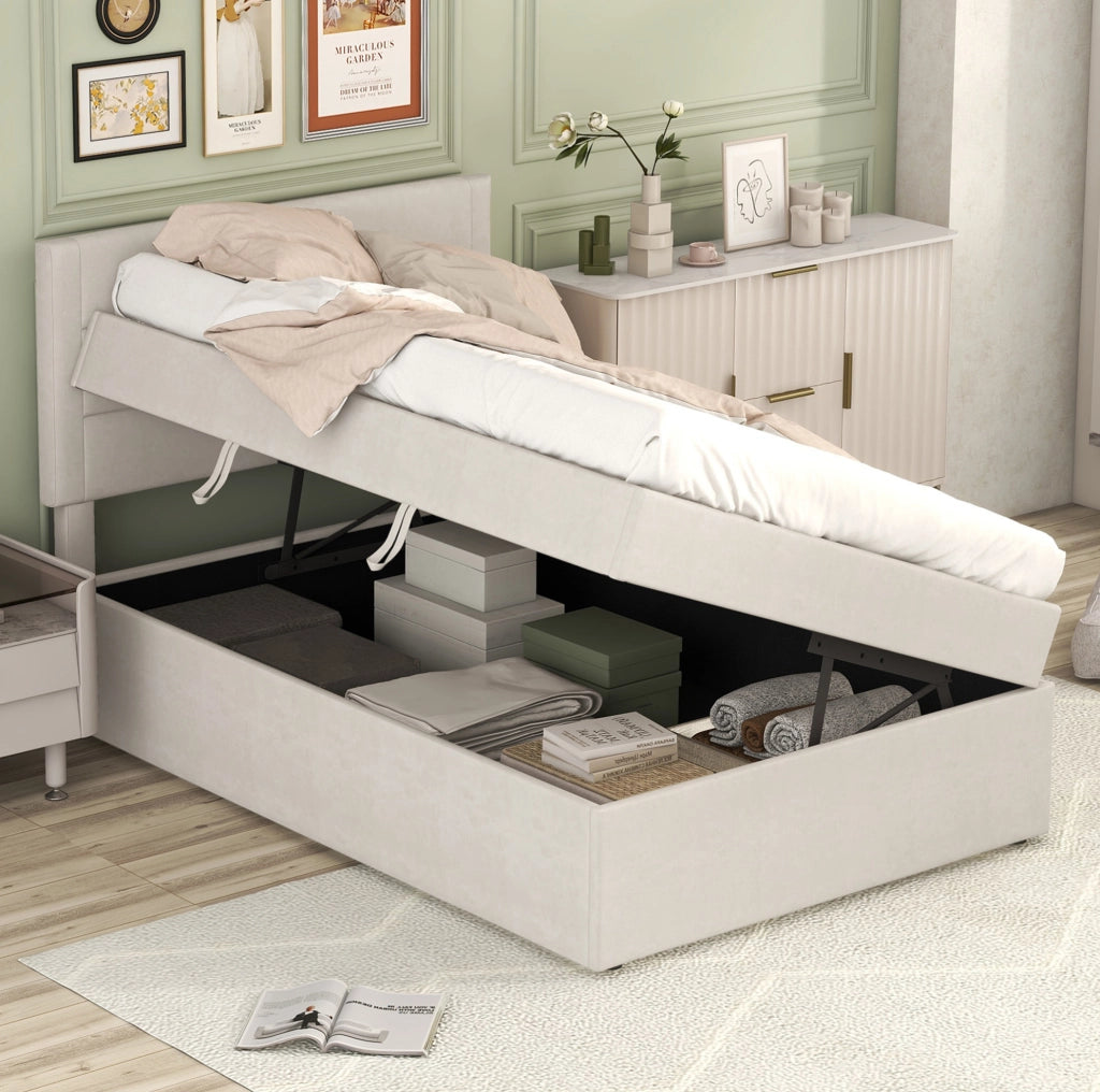 Letto singolo imbottito 90x200 cm con rete a doghe in metallo e vano contenitore beige
