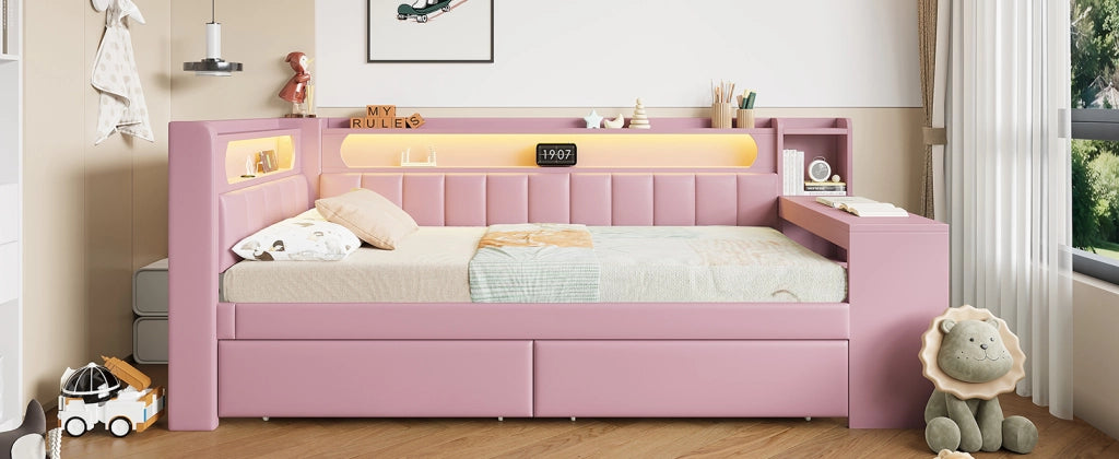 DESMIU Letto daybed 90 × 200 cm 1 posto con scrivania, 2 cassetti, USB e LED, senza materasso, rosa