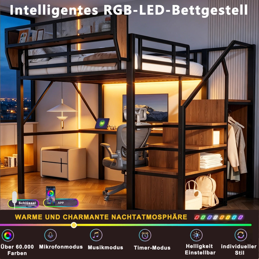 Letto a soppalco 140 × 200 cm con scrivania lunga, LED, scaffale regolabile et scala di sicurezza, senza materasso